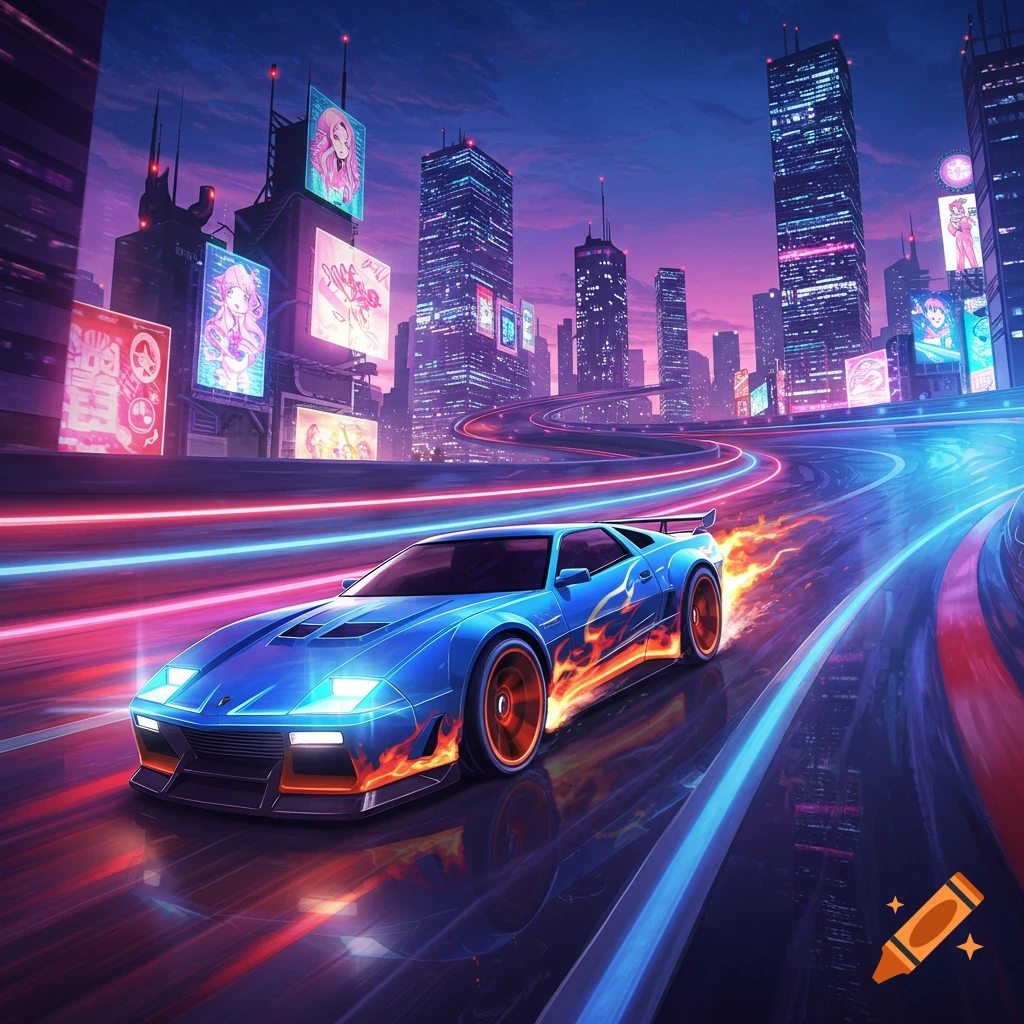 A blue futuristic sports car, adorned with flames, speeds through a neon-lit cyberpunk city at night, leaving bright light trails, in an anime style.