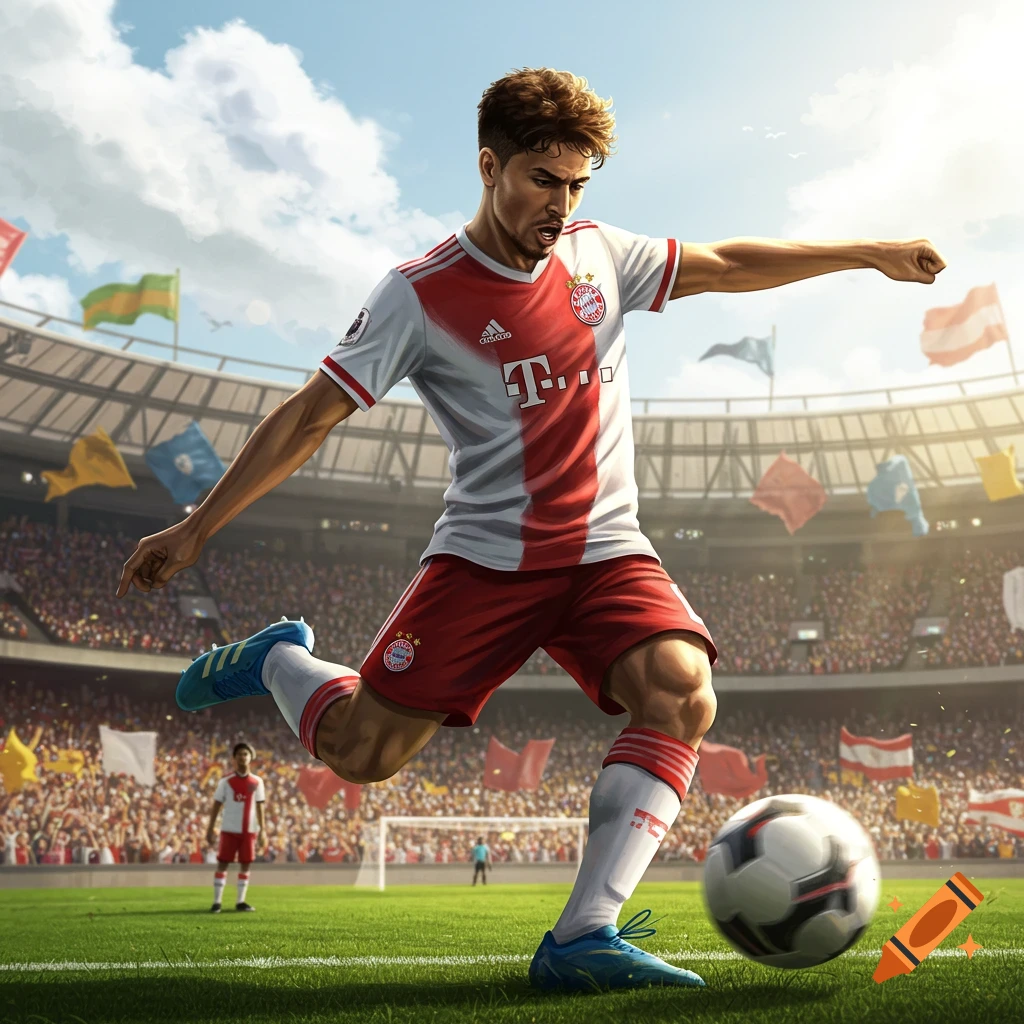 A dynamic illustration of a soccer player in a red and white jersey kicking a ball on a green field in a stadium filled with fans under a sunny sky.