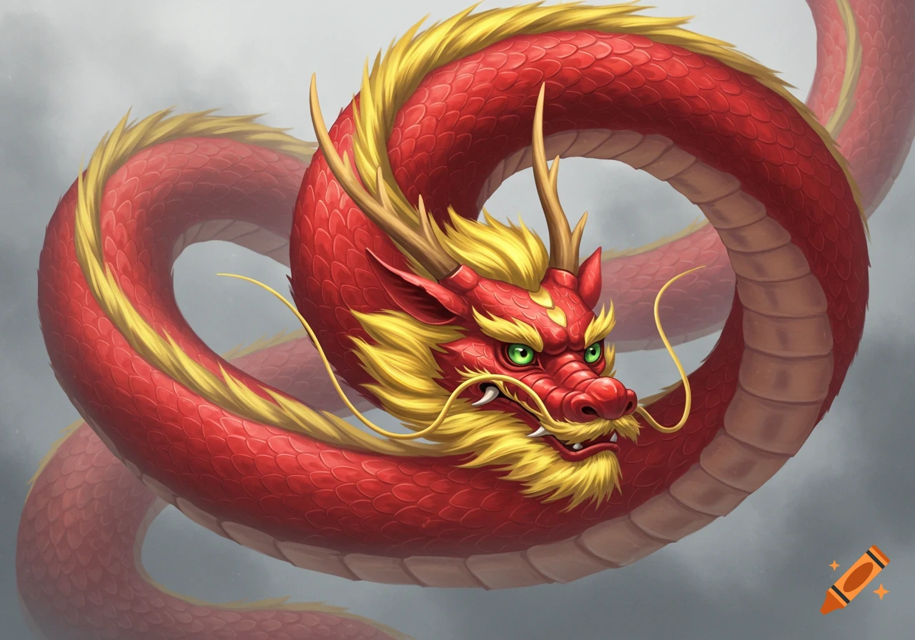 A vibrant red Chinese dragon with a yellow mane, whiskers, and bright green eyes, coiled against a soft grey background.