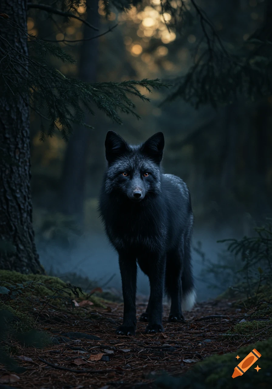 A photorealistic black fox with orange eyes stands in a dark, misty forest.