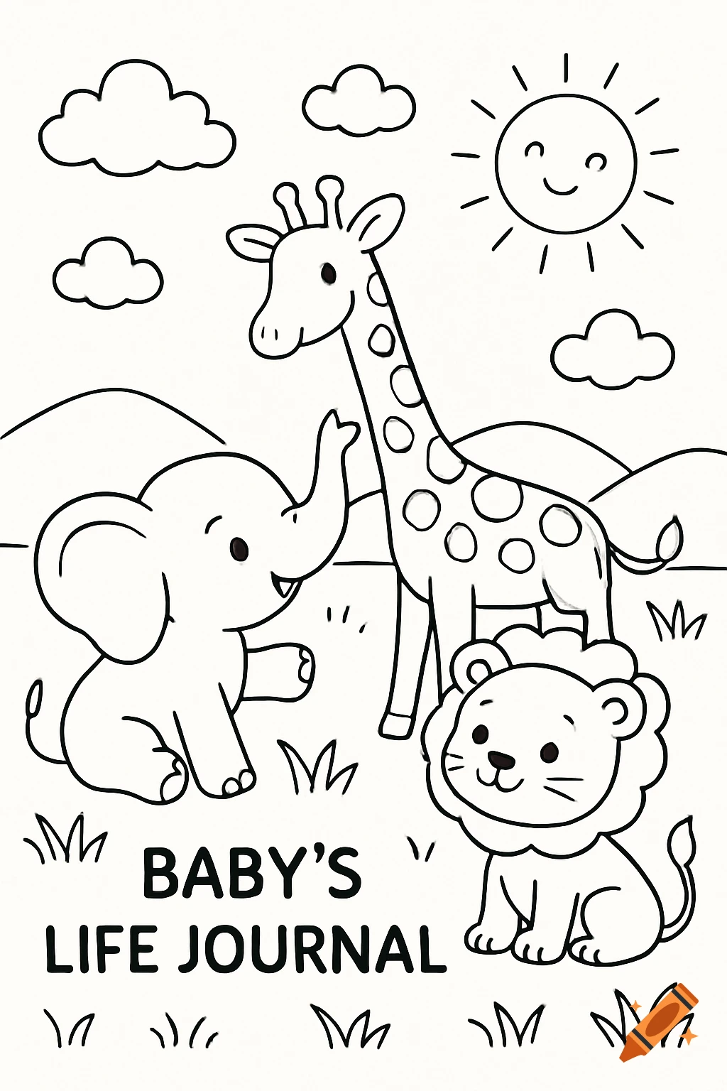 Black and white line art coloring page of baby savanna animals (elephant, giraffe, lion) with text 'BABY'S LIFE JOURNAL'.