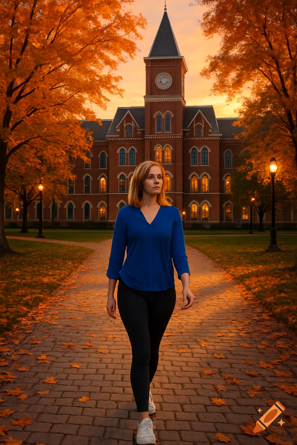 A woman walks on a brick path through a university quad during autumn sunset, a clock tower building in the background.