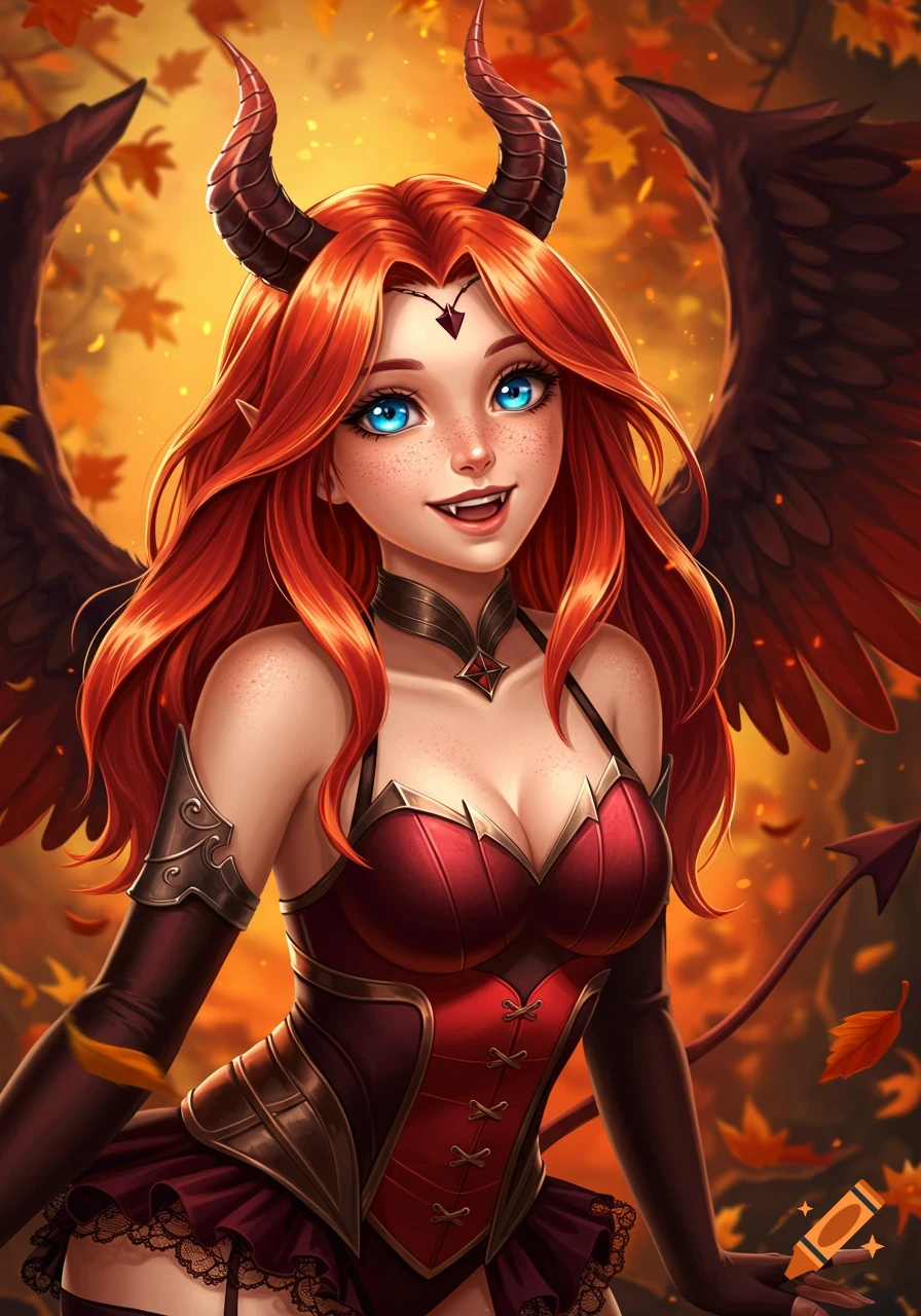 Anime-style devil girl with long red hair, blue eyes, horns, and dark wings, in a red outfit, with autumn leaves.