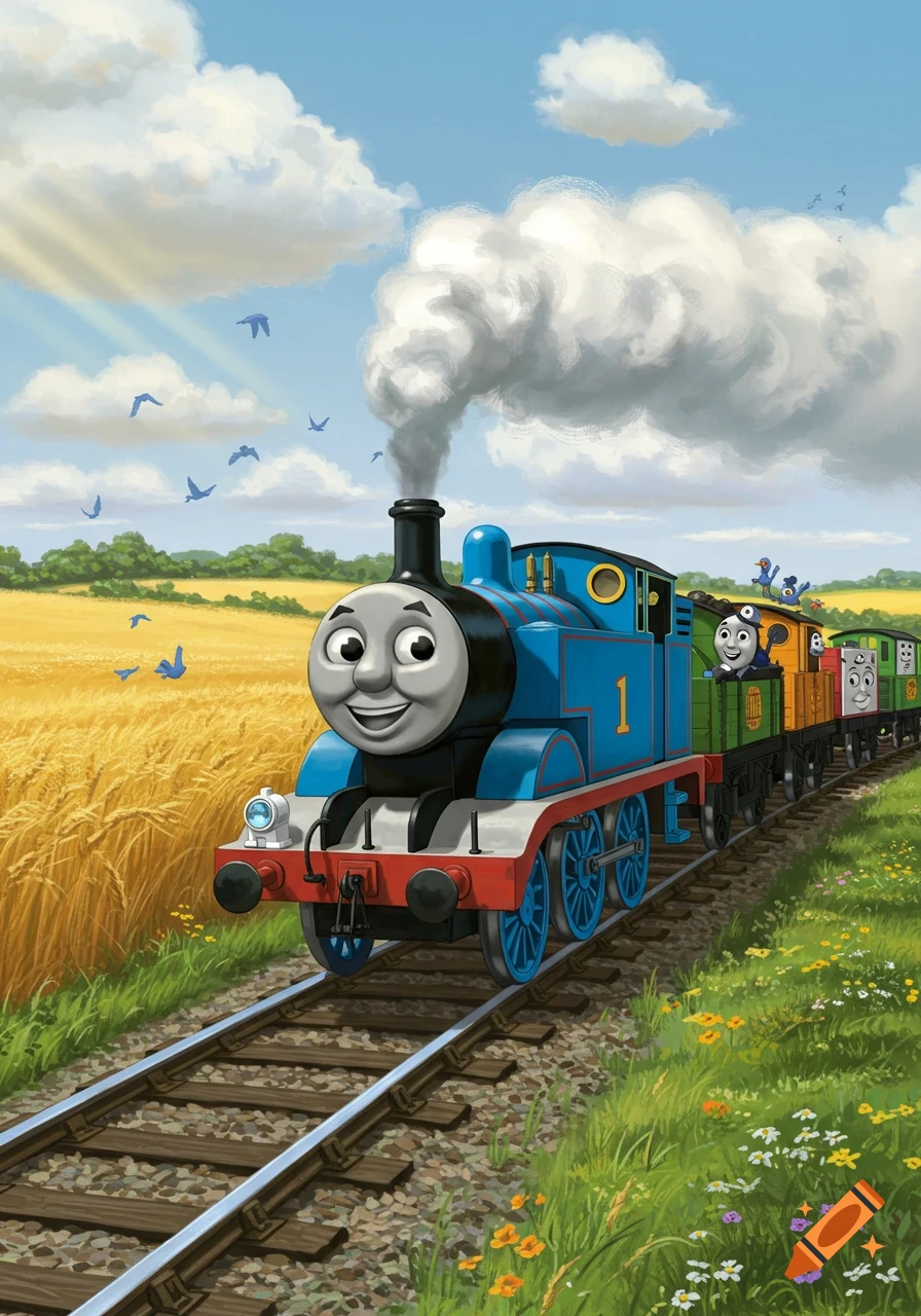 Thomas the Tank Engine smiles as he pulls green and orange troublesome trucks through a golden wheat field.