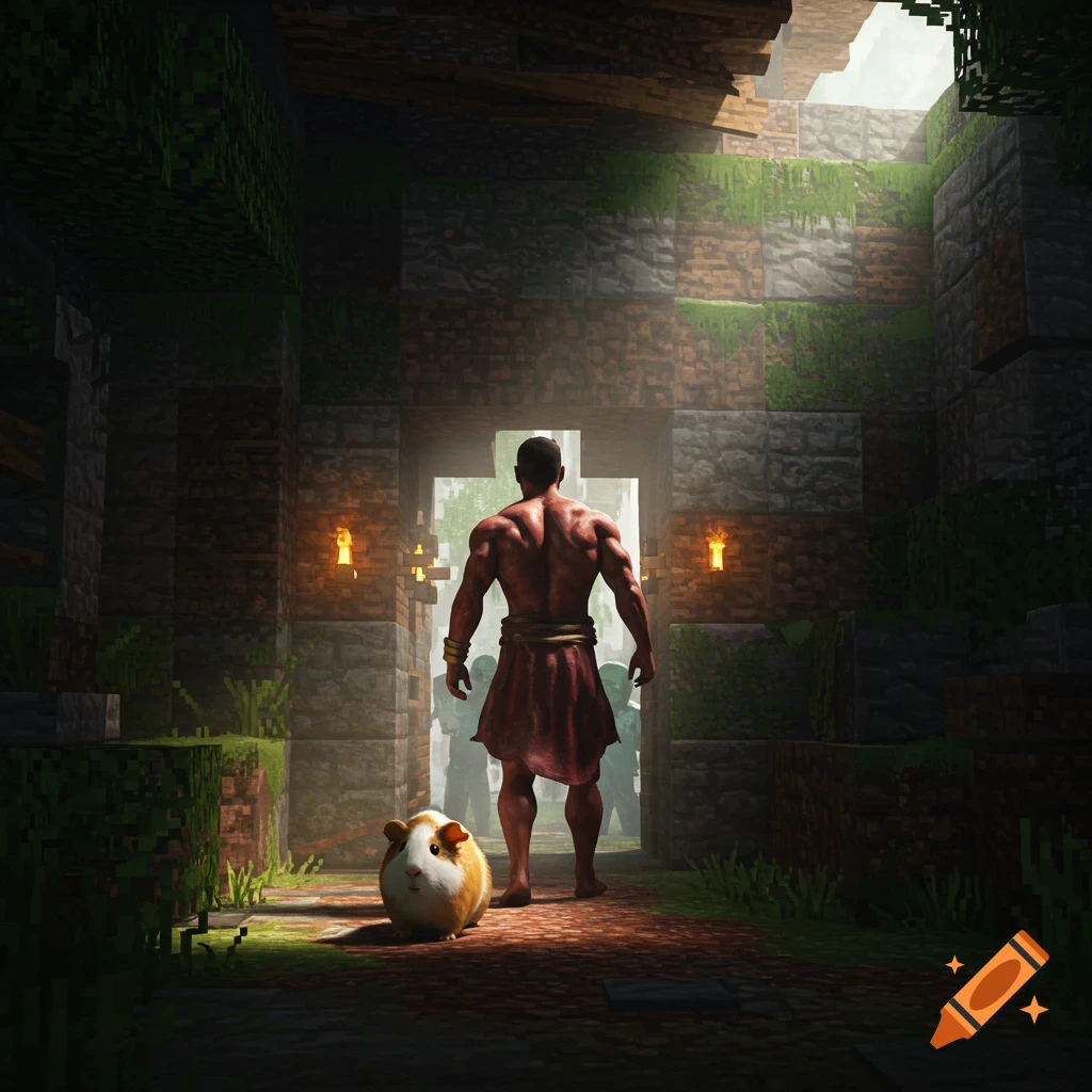 A muscular man in a red skirt and a guinea pig walk through an abandoned, blocky Minecraft-style building towards a bright archway.