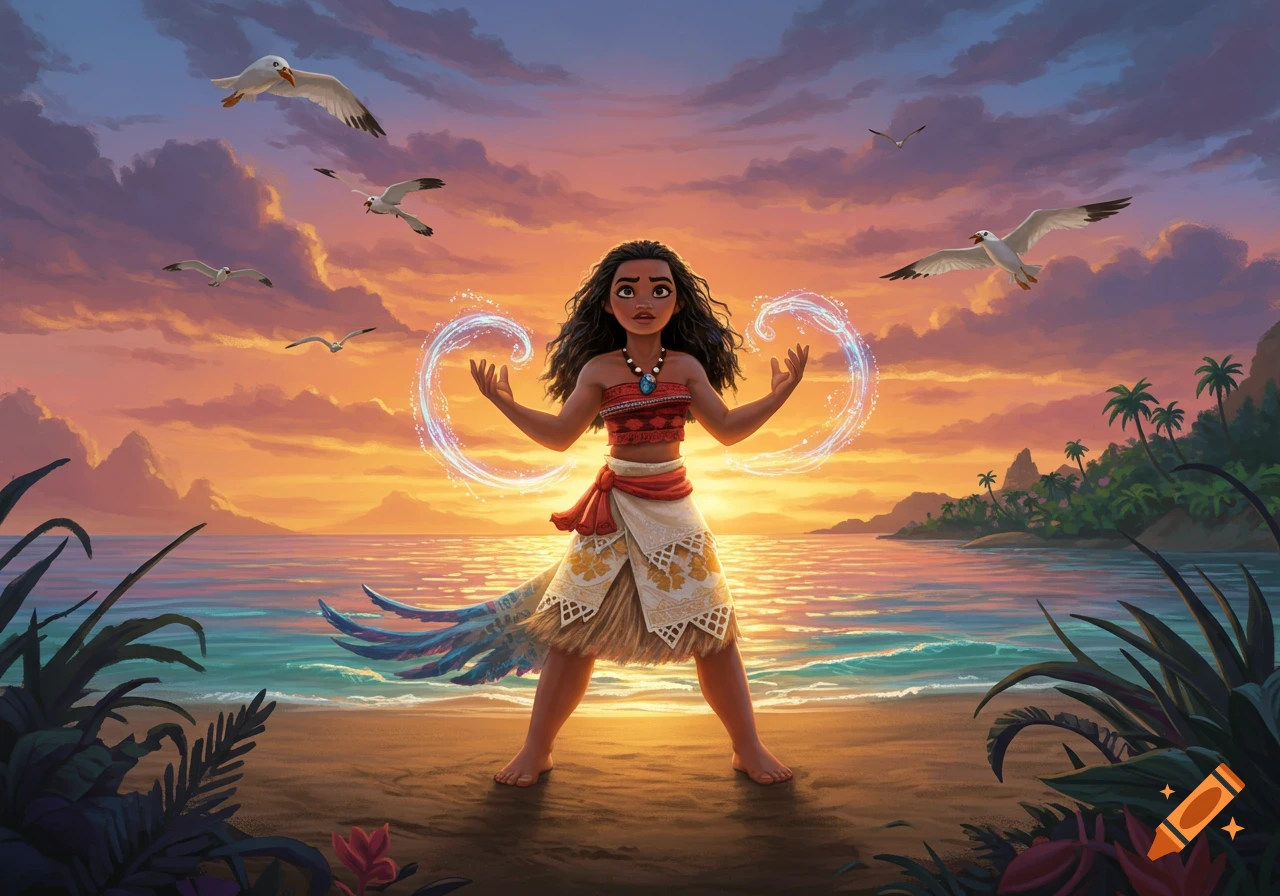 Animated Moana on a beach at sunset, magic glowing from her hands, with seagulls flying over a tropical island.