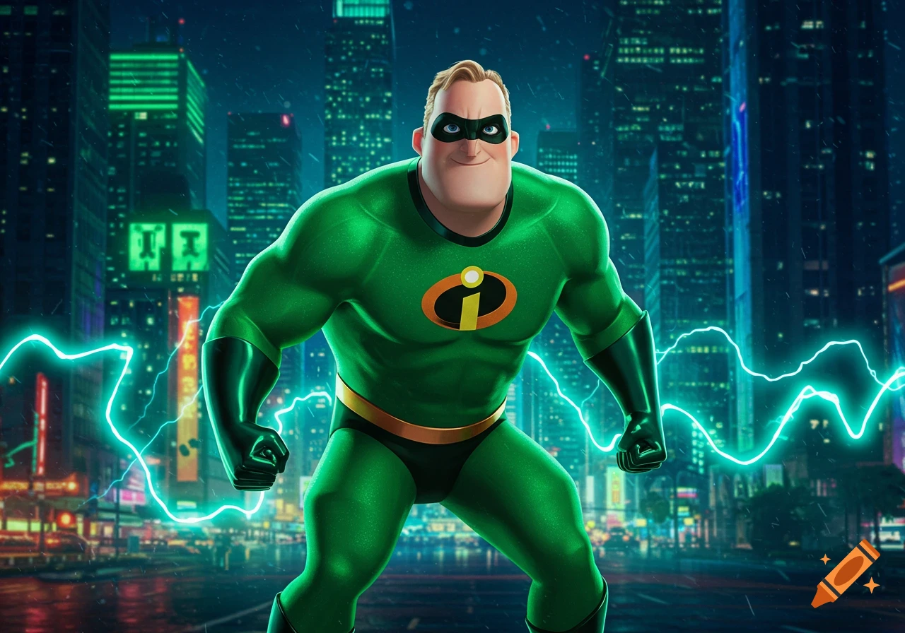 Mr. Incredible in a green superhero suit with an orange and black logo, surrounded by blue lightning in a rainy city at night.
