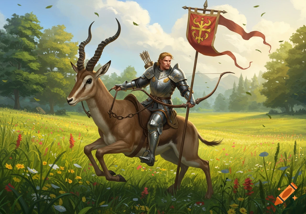 A medieval knight in shining armor, holding a bow and a banner, rides an antelope through a vibrant, flower-filled meadow.