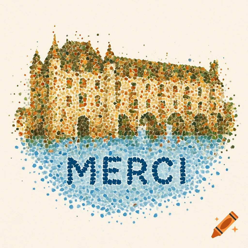 Pointillist image of a castle silhouette made of earthy-toned dots, above the word "MERCI" spelled out in dark blue dots within a cluster of lighter blue dots.