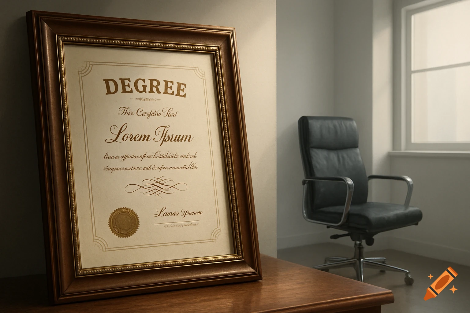 A framed degree certificate with the words "DEGREE" and "Lorem Ipsum" in the foreground on a wooden desk, with an empty black office chair and a window in the background.