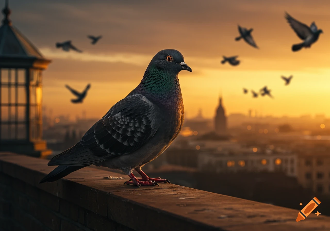 Photorealistic image of a pigeon perched on a rooftop ledge with a blurred city skyline and sunset in the background.