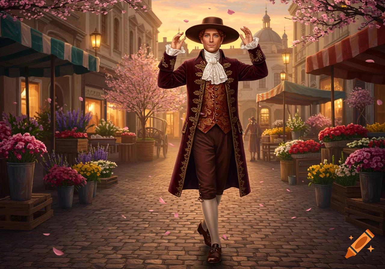 A dandy in historical attire adjusts his hat on a cobblestone street lined with flower stalls and cherry blossom trees at sunset.