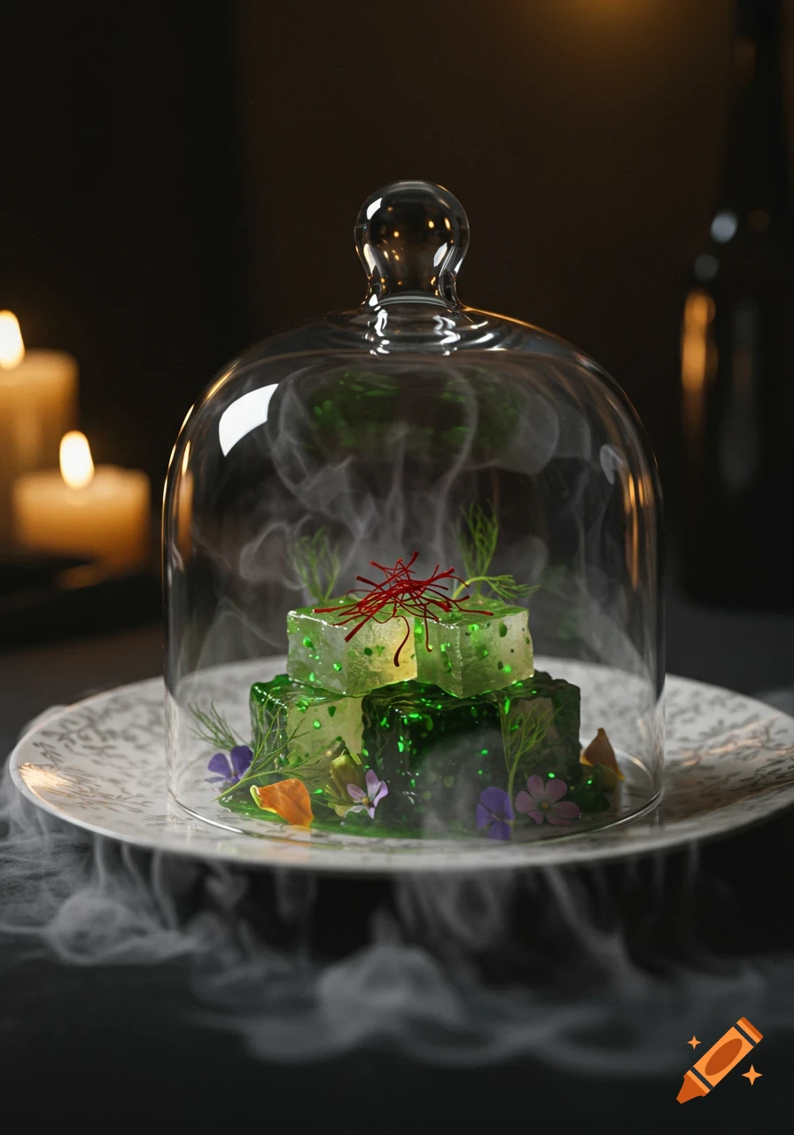 Green gelatinous cubes with red saffron and edible flowers under a glass cloche on a plate with smoke, illuminated by candles.