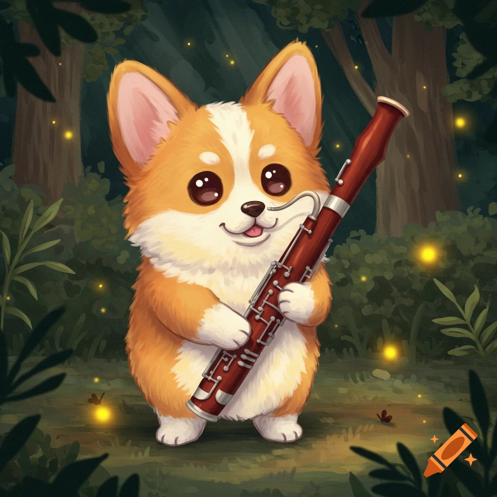 A cute, cartoon chibi corgi stands in a whimsical forest, happily playing a bassoon, with glowing fireflies.