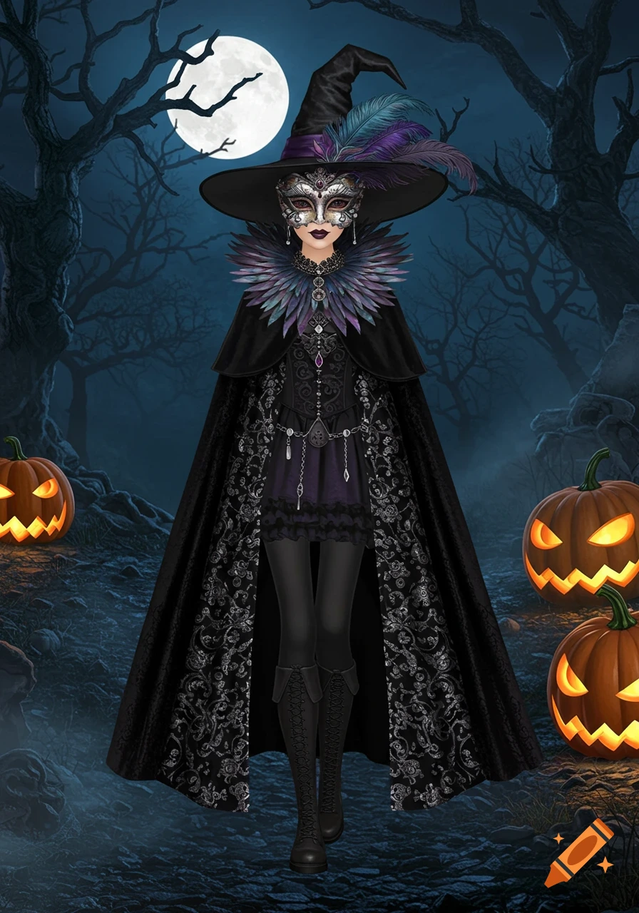 A masked witch in a black and purple costume with a feathered hat stands in a spooky forest under a full moon, with glowing jack-o'-lanterns.