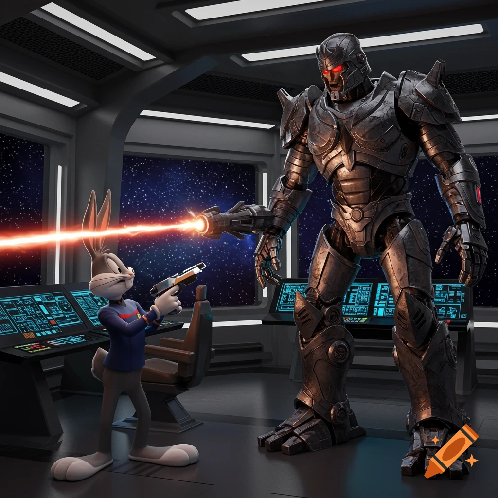 Bugs Bunny in a Star Fleet uniform aims a phaser at a giant, dark metallic robot (Galvatron) in a spaceship bridge.