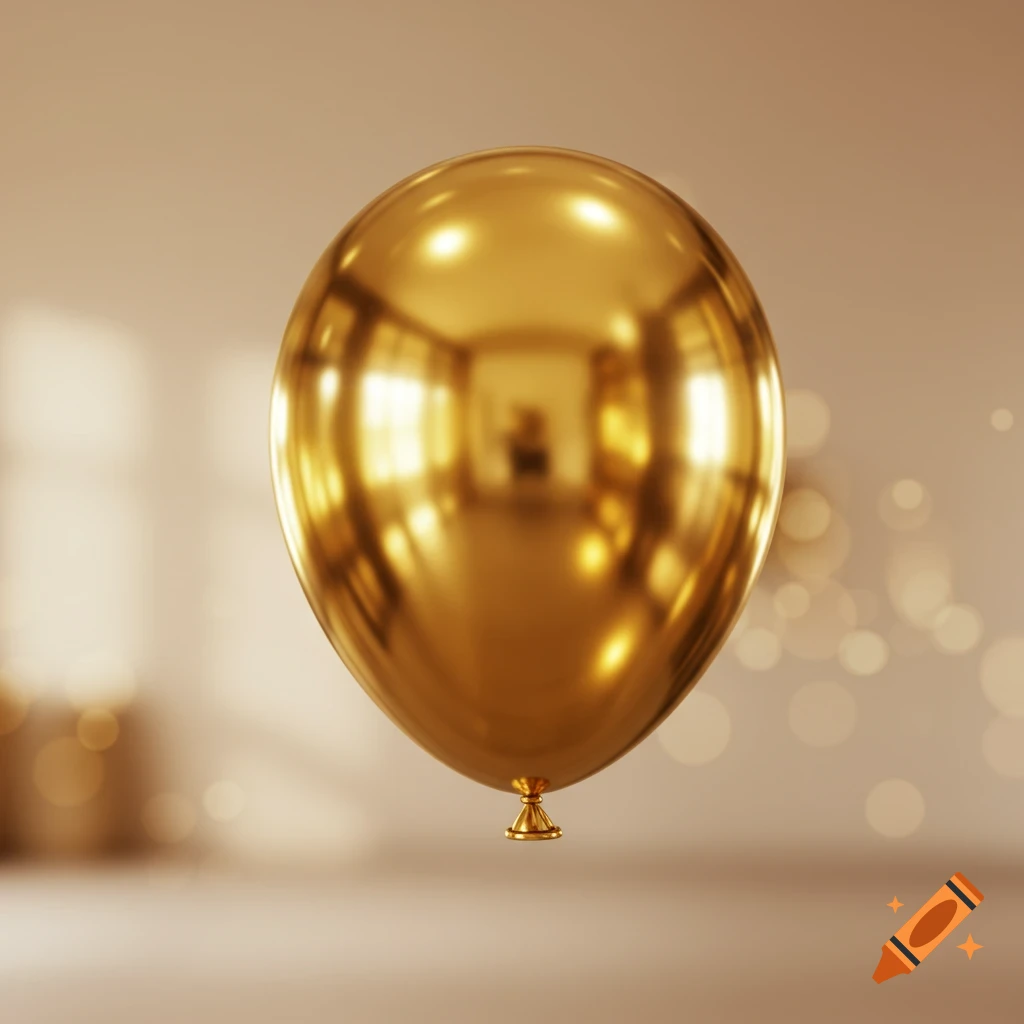 A shiny gold metallic balloon floats against a blurred, warm-toned background with bokeh lights.