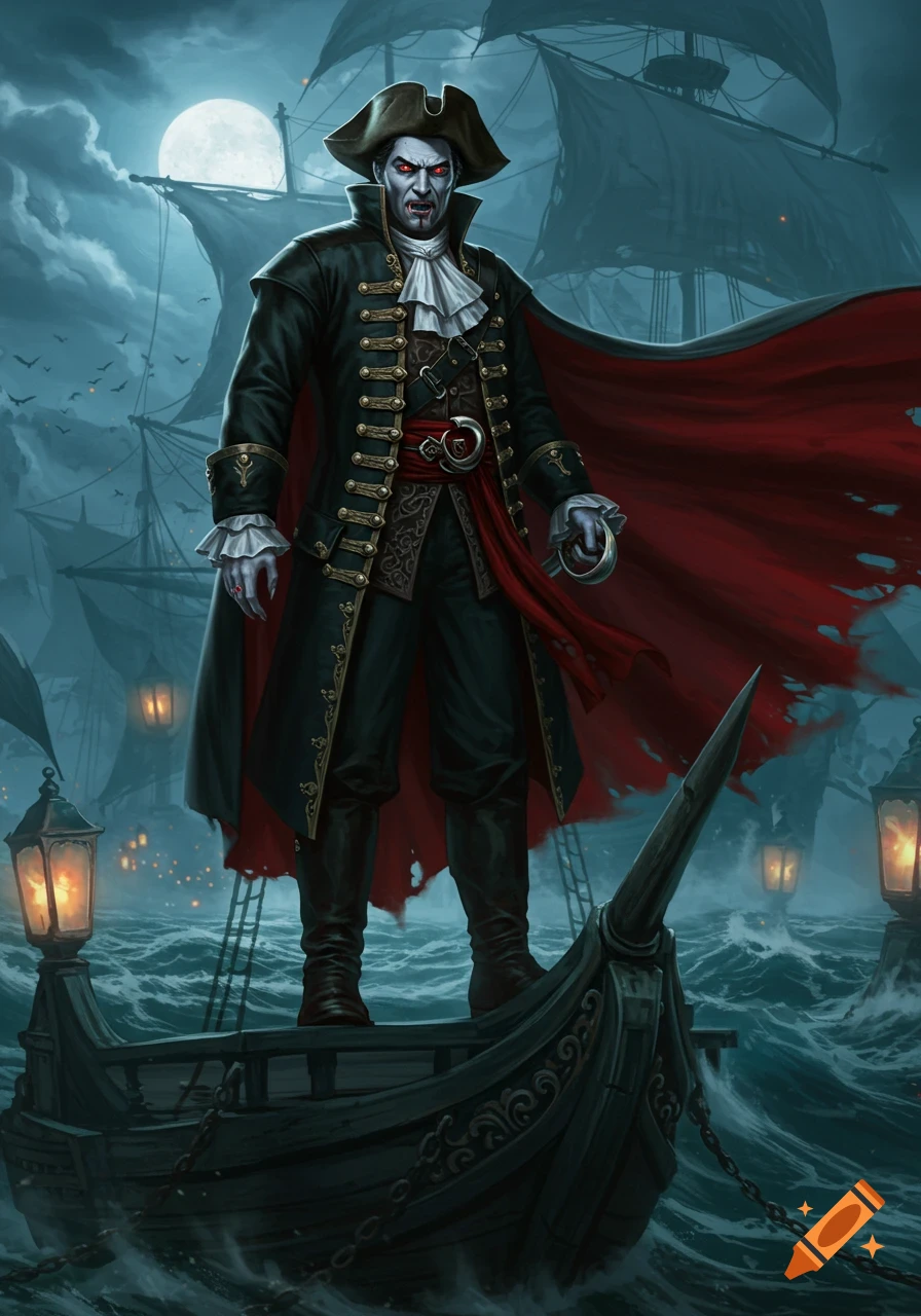 A menacing vampire pirate in a black coat and red cape stands on a boat at night on stormy seas with a full moon and ships.
