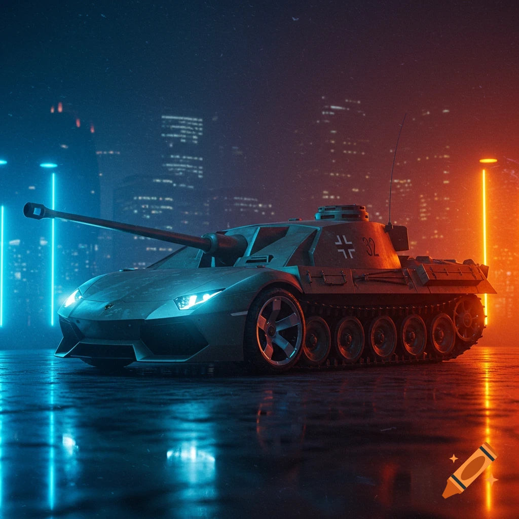 A futuristic Lamborghini-tank hybrid with a cannon and tank treads on a wet street at night, illuminated by neon blue and orange city lights.