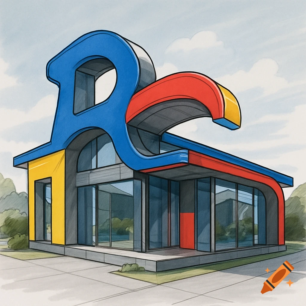Modern building shaped like the blue Toys R Us 'R' logo with a red curved roof, large windows, in a sketch art style.