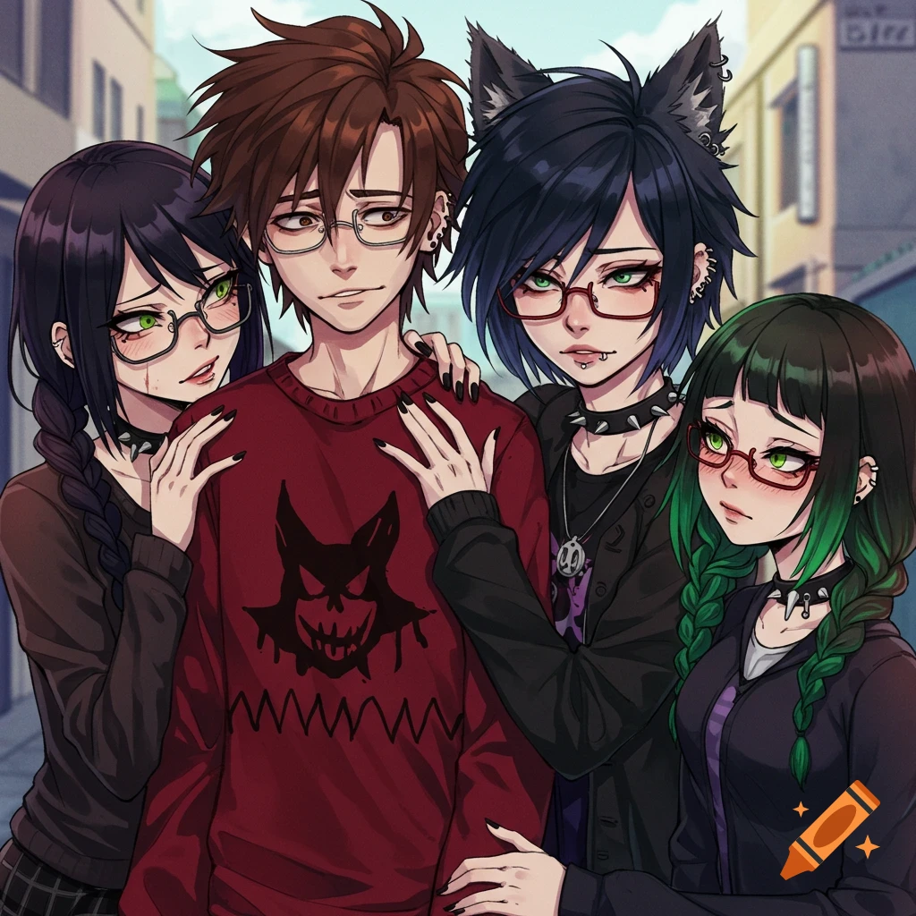 An anime-style drawing of a brown-haired guy in a red sweater, surrounded by three girls with emo/gothic aesthetics. One girl has wolf ears.