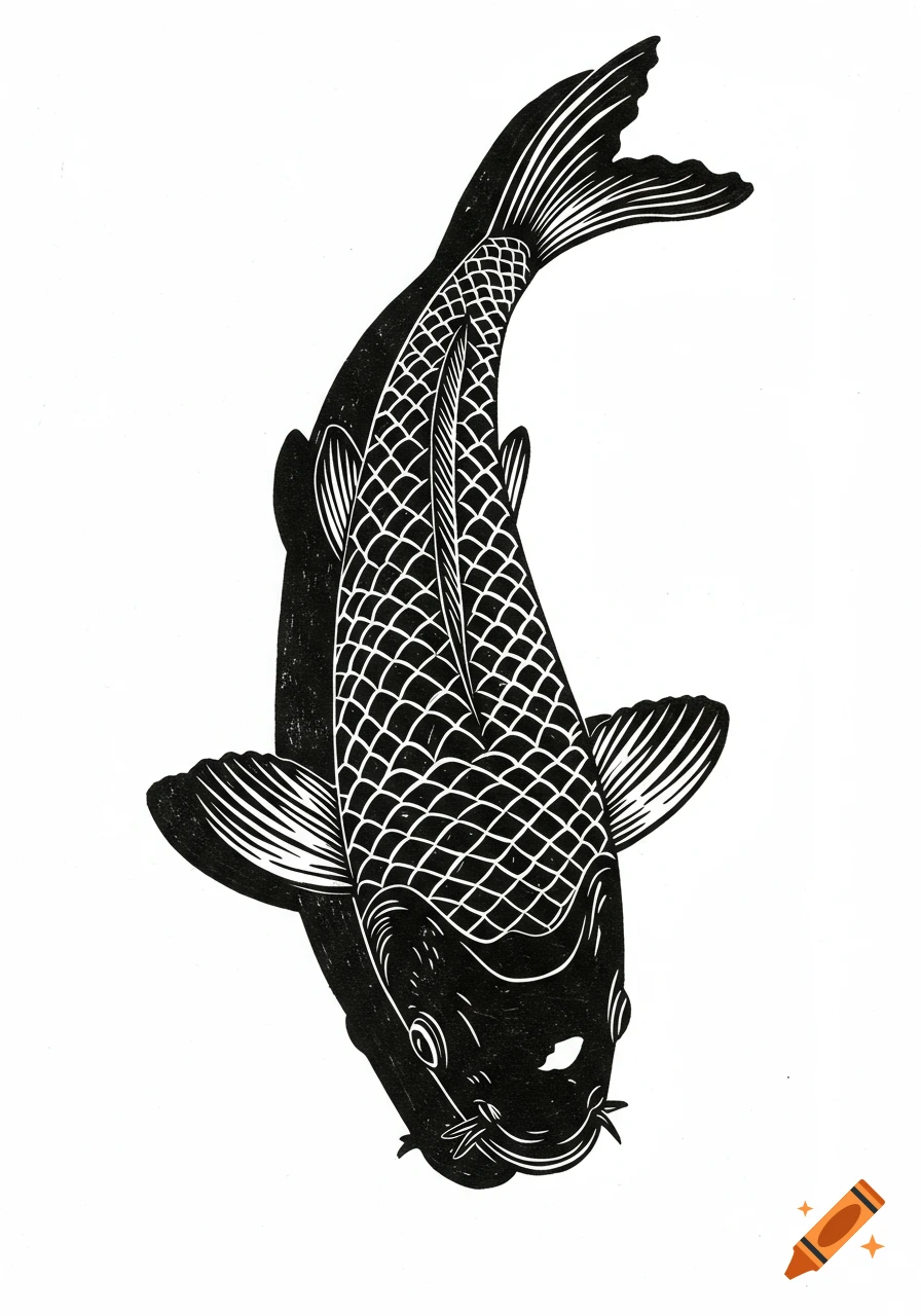 A swimming koi fish, depicted from above in a black and white linocut art style.