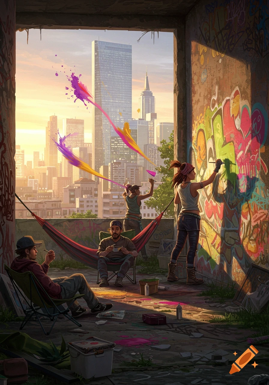 Graffiti artists paint vibrant murals on a wall in an abandoned building, overlooking a bustling city skyline at sunset. Others relax in hammocks and chairs.
