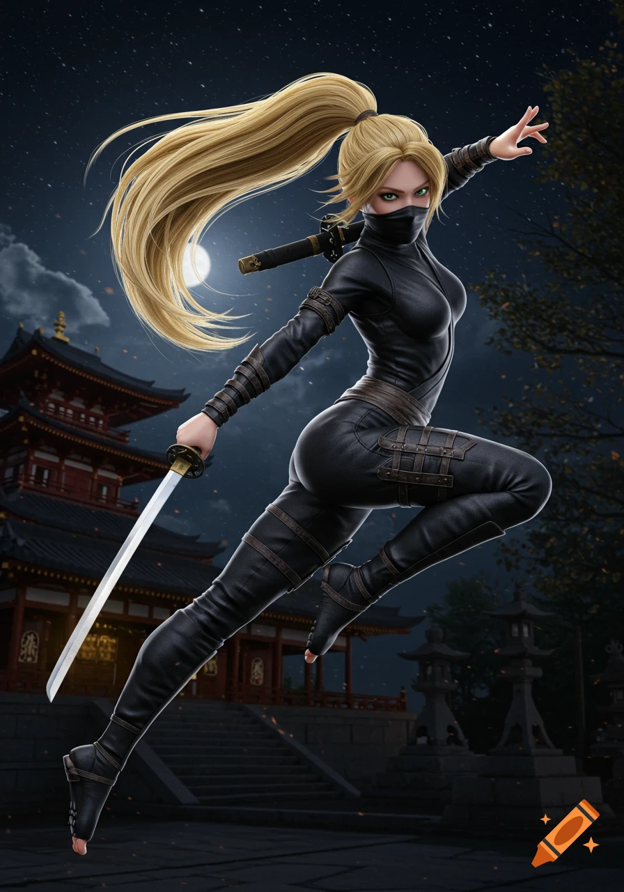Realistic 3D art of a blonde female ninja with green eyes, jumping with a katana sword in front of a Japanese temple at night under moonlight.