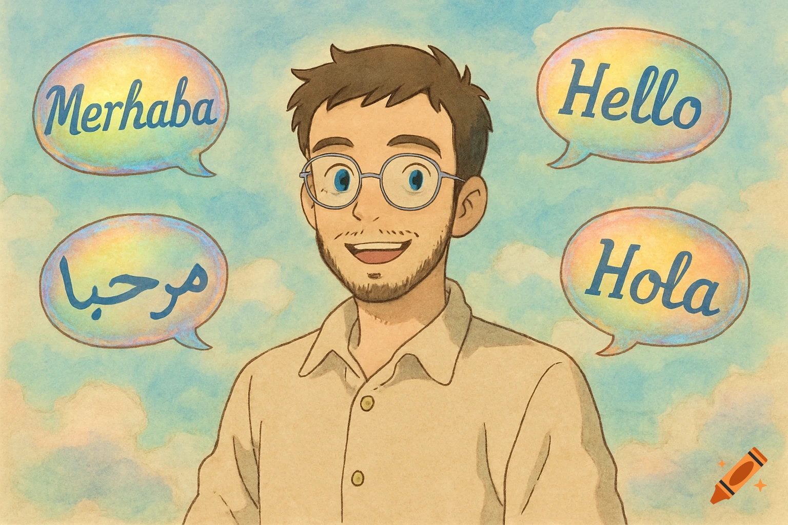 A smiling man with a short beard, glasses, and blue eyes, in a Studio Ghibli style. Speech bubbles around him say "Merhaba", "Hello", "مرحبا", and "Hola".