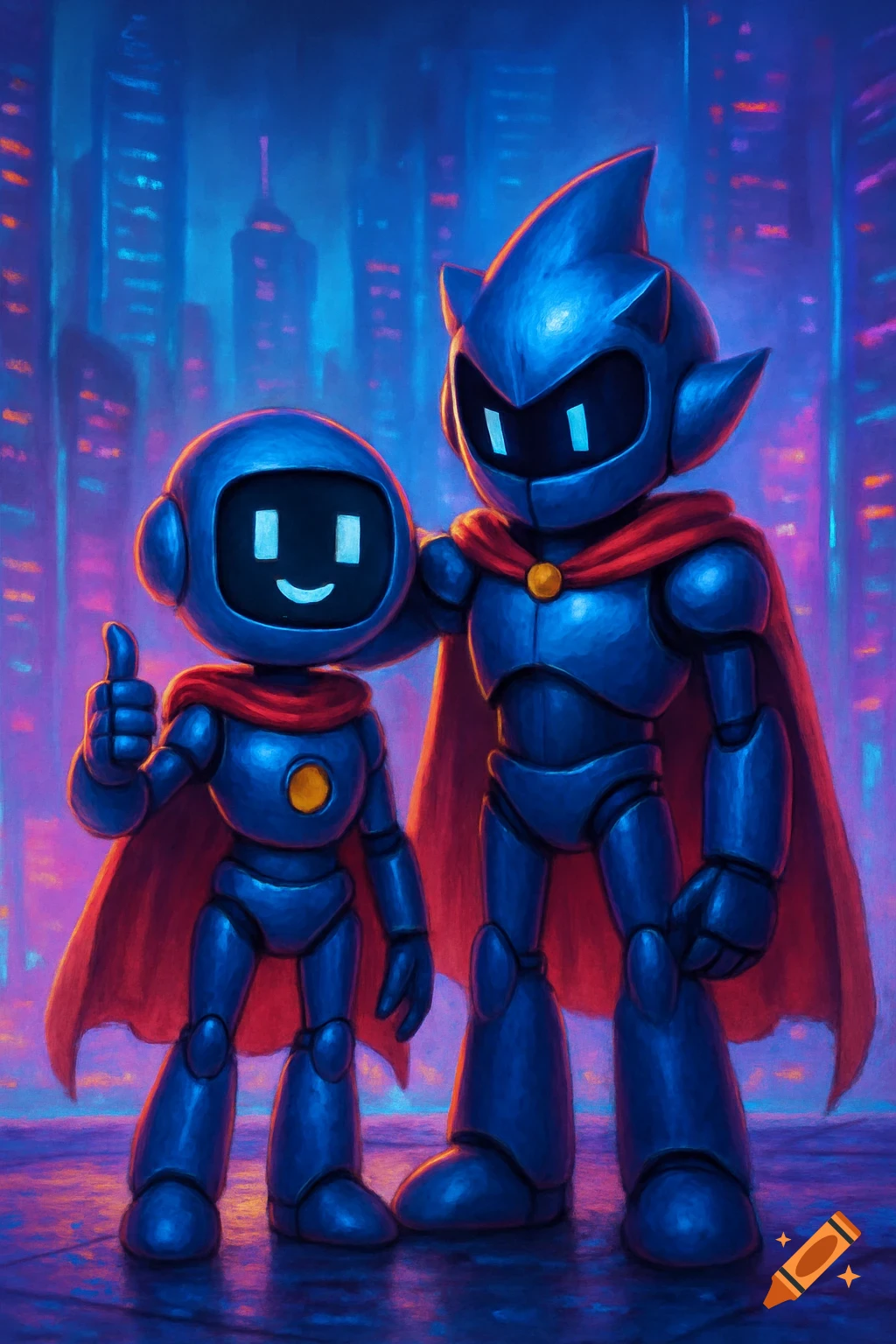 Illustration of two navy superhero robots in red capes, one giving a thumbs up, in front of a neon city.
