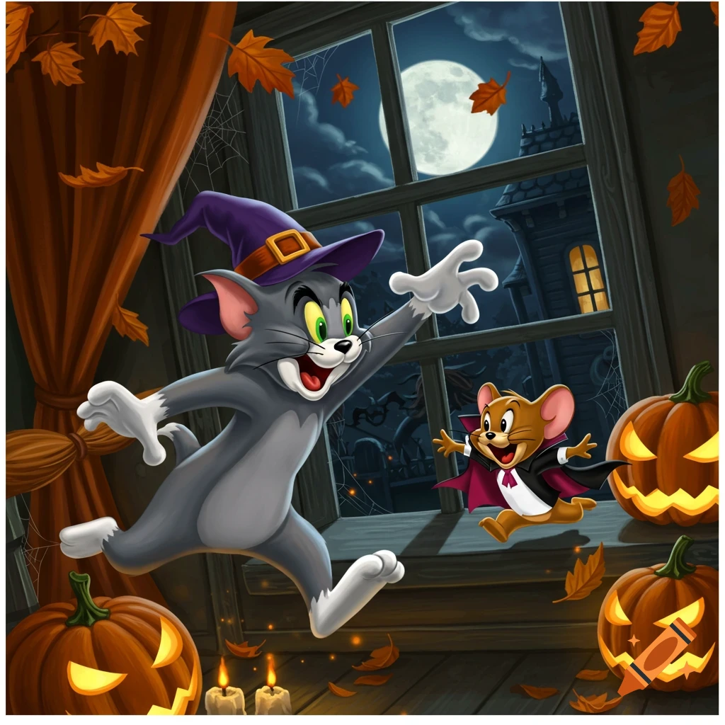 Cartoon Tom the cat in a witch hat and Jerry the mouse in a vampire cape run happily in a Halloween-themed room with jack-o'-lanterns and a full moon outside.