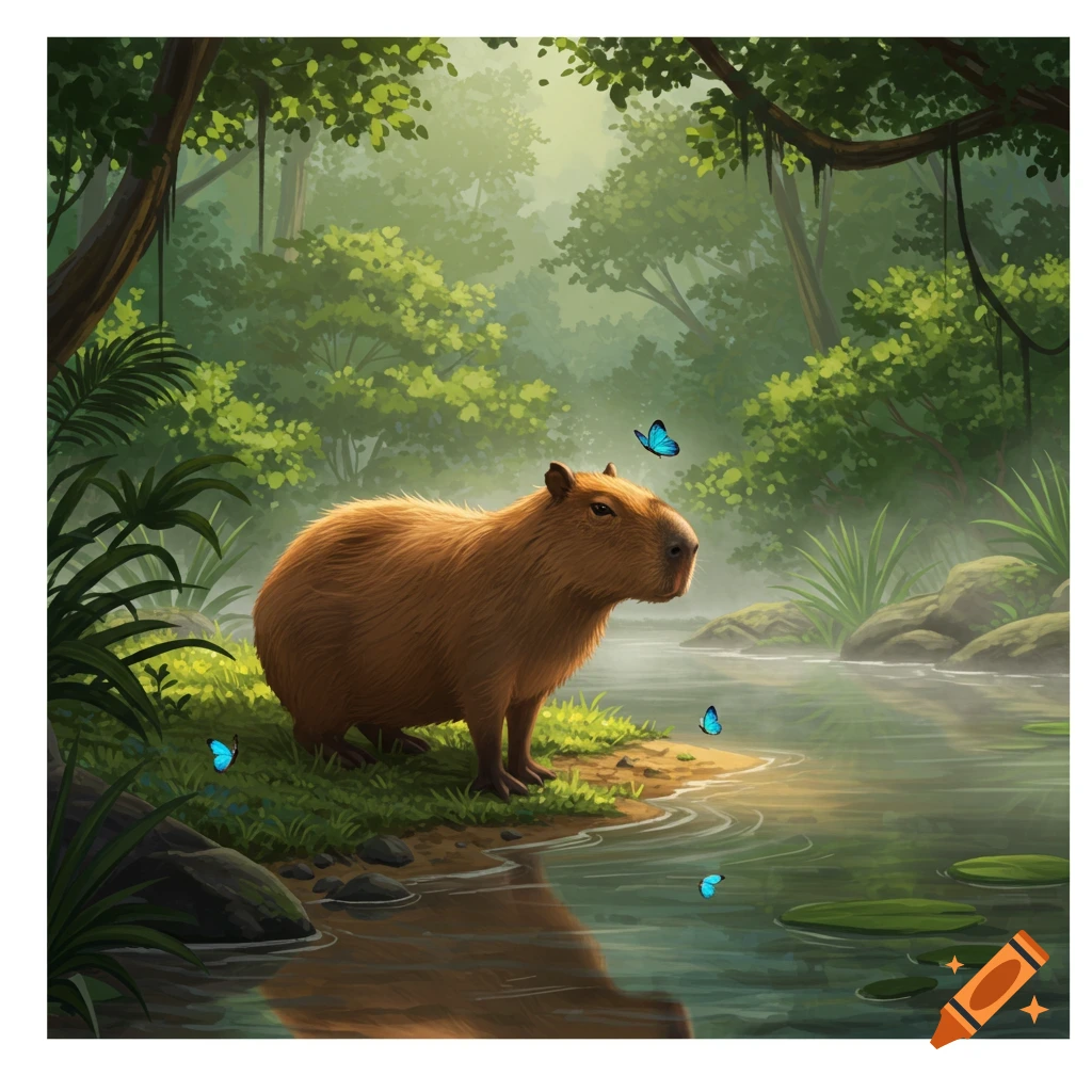 A capybara stands by a river in a lush green jungle with blue butterflies, digital illustration.