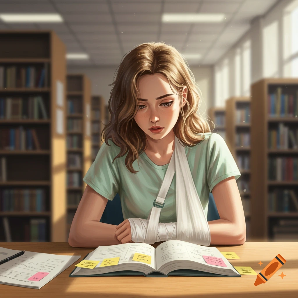 Illustrated female student with a bandaged arm in a sling, studying at a desk in a library.