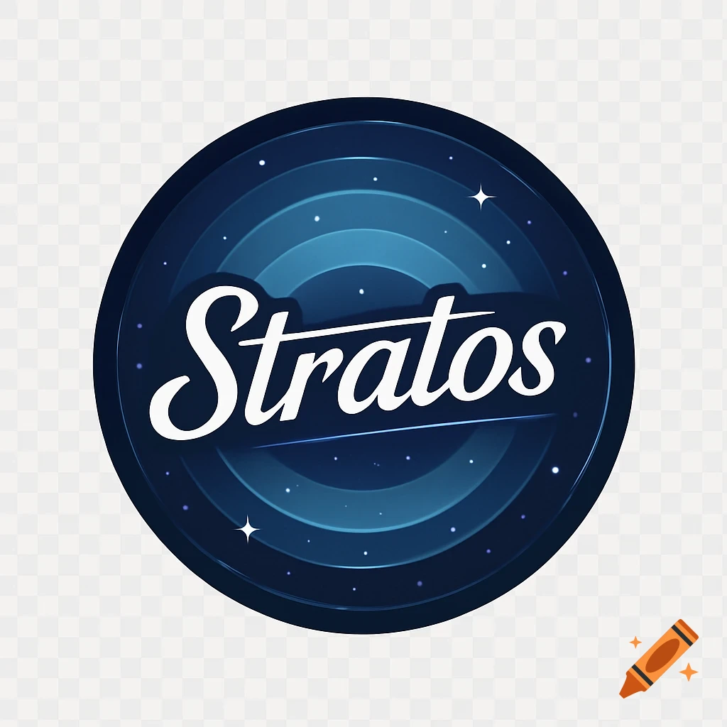 A dark blue circular logo with the word 'Stratos' in white cursive, surrounded by small white stars and layered blue arcs.