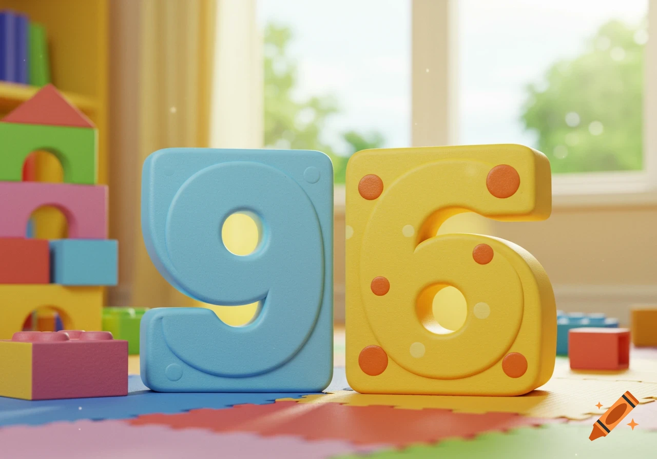 Close-up of a blue number 9 block and a yellow number 6 block on a playmat in a brightly lit child's room.
