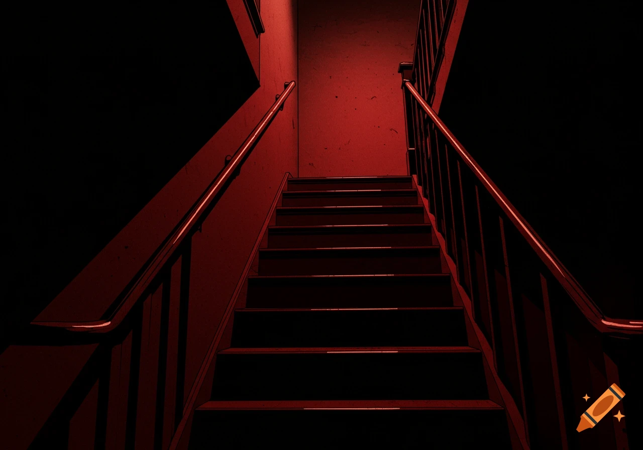 A dark, red-lit staircase ascends into shadow, depicted in a dramatic noir comic art style with strong lines and sharp contrasts.