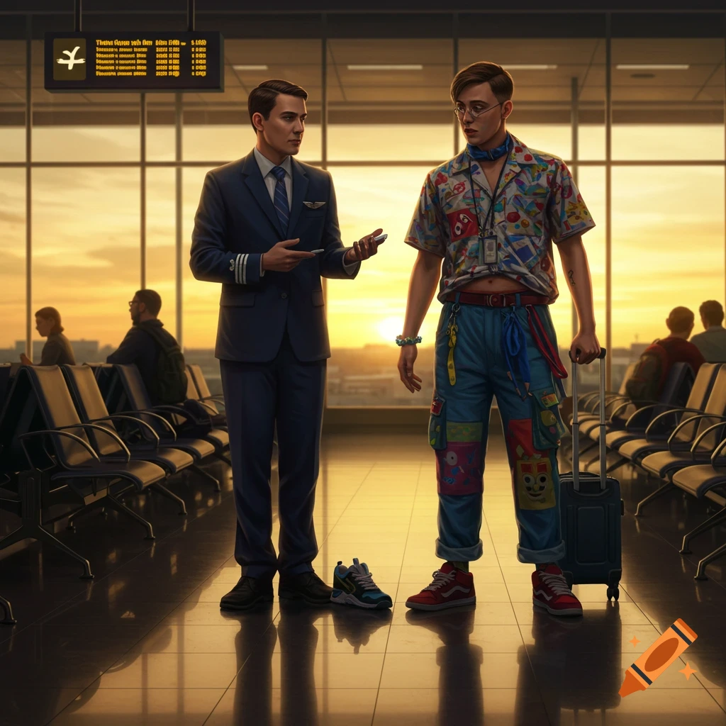 A pilot talks to a casually dressed man with a suitcase in a bright airport terminal.