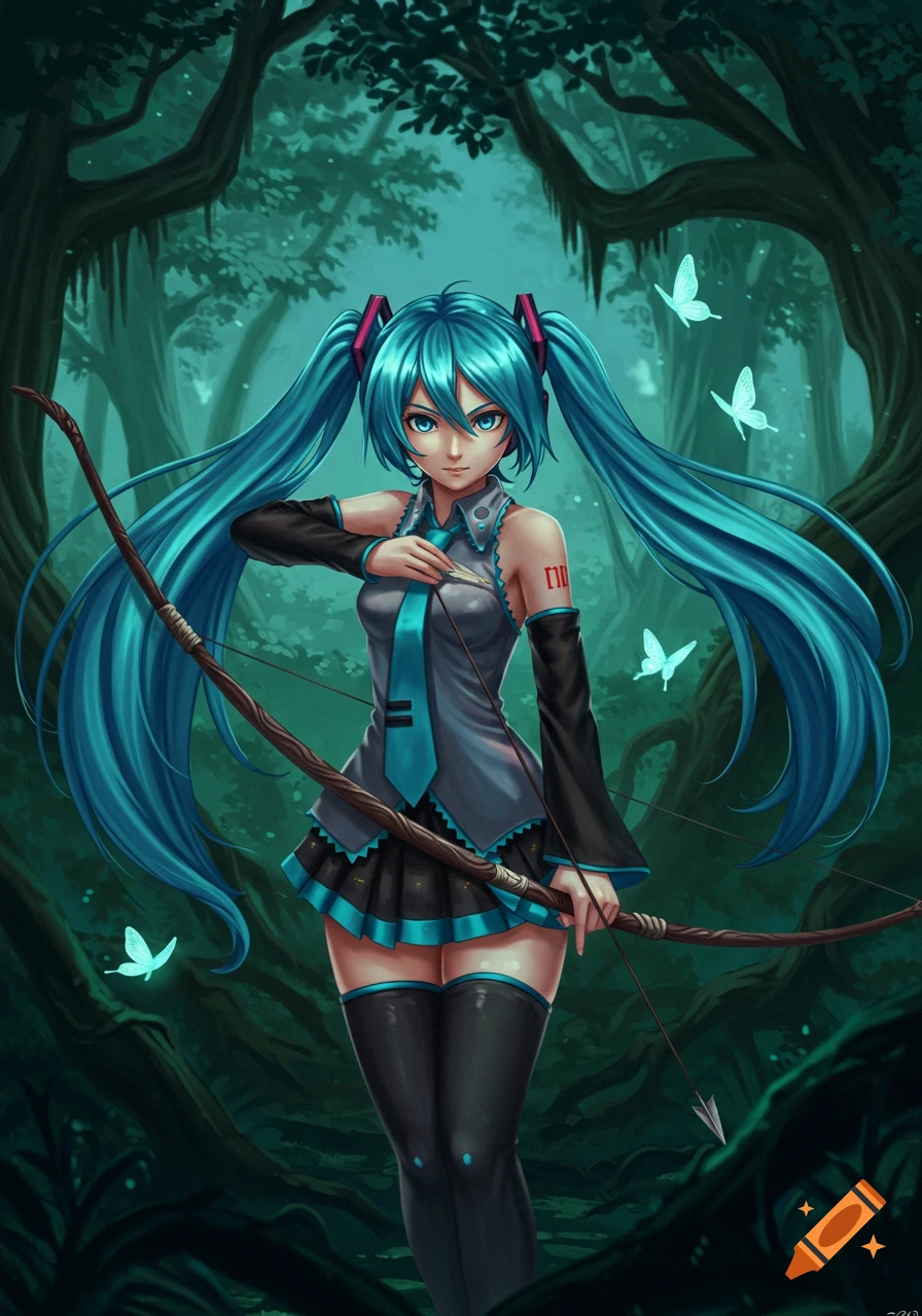 Anime illustration of Hatsune Miku with blue pigtails, holding a bow and arrow in a dark, glowing forest.