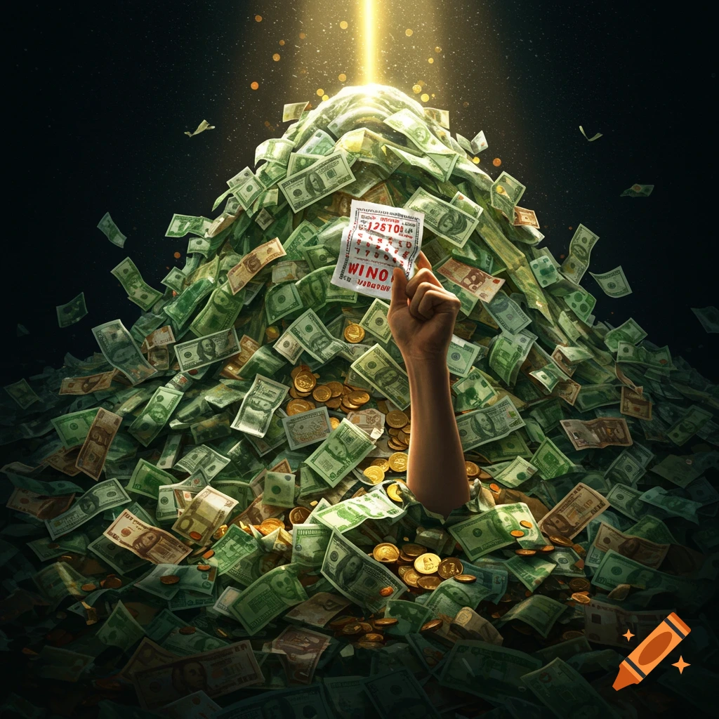 A hand emerges from a massive pile of money, holding up a winning lottery ticket under a golden light.