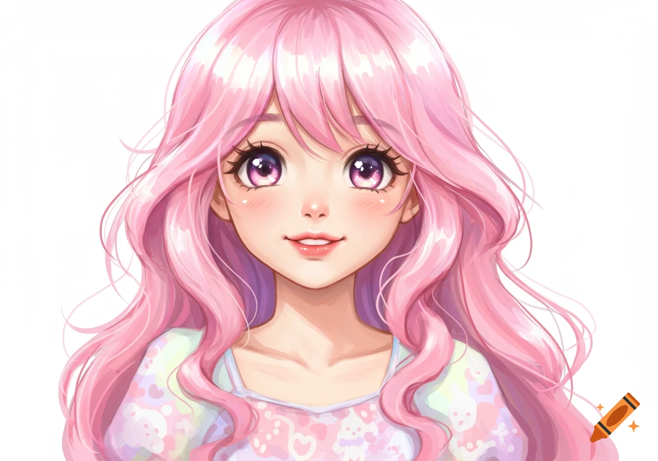 A cute anime girl with long, wavy pink hair, large purple eyes, and a slight smile, wearing a light patterned top against a white background.