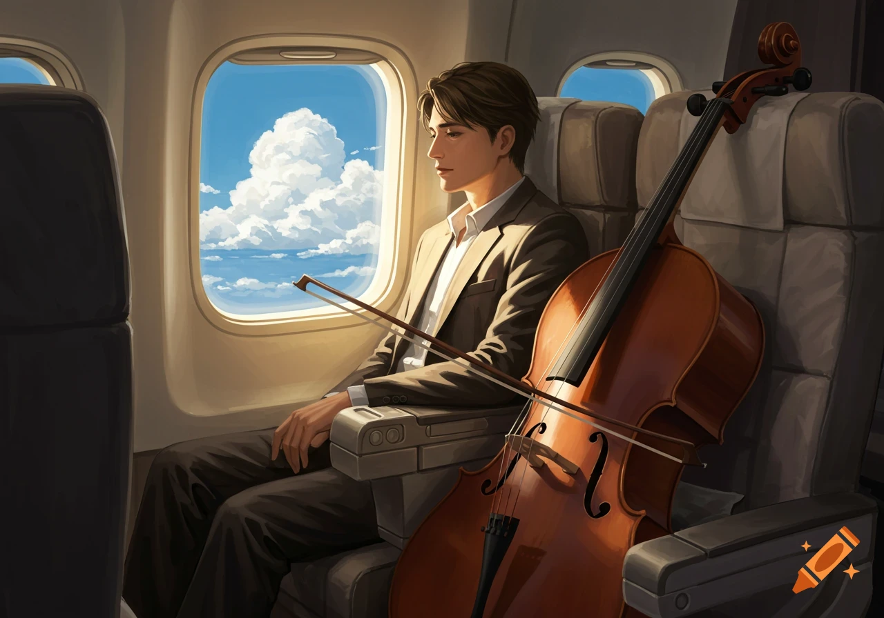 Illustrative image of a man in a suit on an airplane, looking out a window, with a cello beside him.