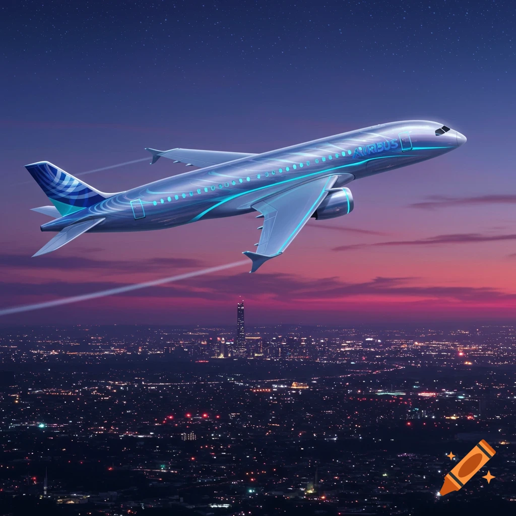 A futuristic Airbus airplane with glowing blue accents flies over a sprawling city lit up at night.