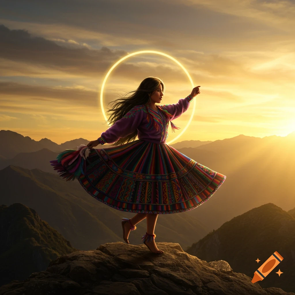Woman in colorful dress dancing on a mountain at sunset with a glowing golden ring behind her.