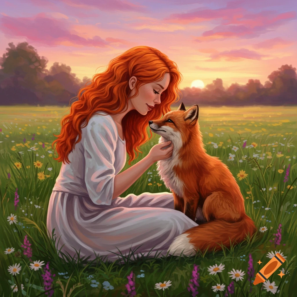 Illustrated painting of a red-haired woman gently petting a fox in a wildflower field at sunset.