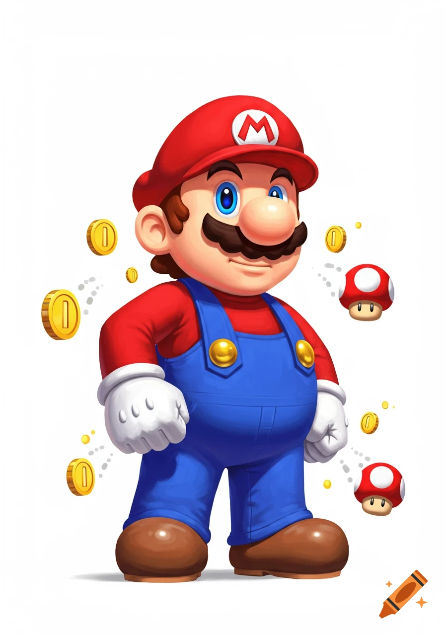 Full body illustration of Mario in his red cap and blue overalls, surrounded by golden coins and red mushrooms.