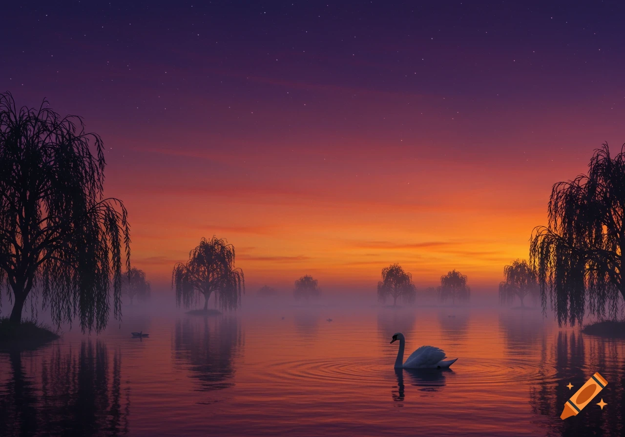 A white swan swims in a misty lake at sunset, surrounded by weeping willow trees silhouetted against an orange and purple sky.