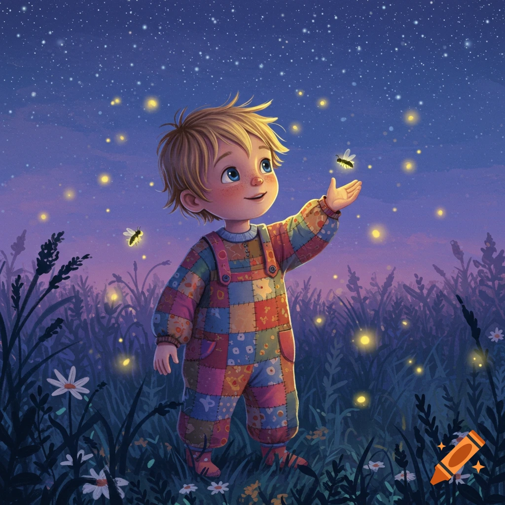 A young child in a colorful patchwork outfit reaching for a firefly in a field at night under a starry sky.