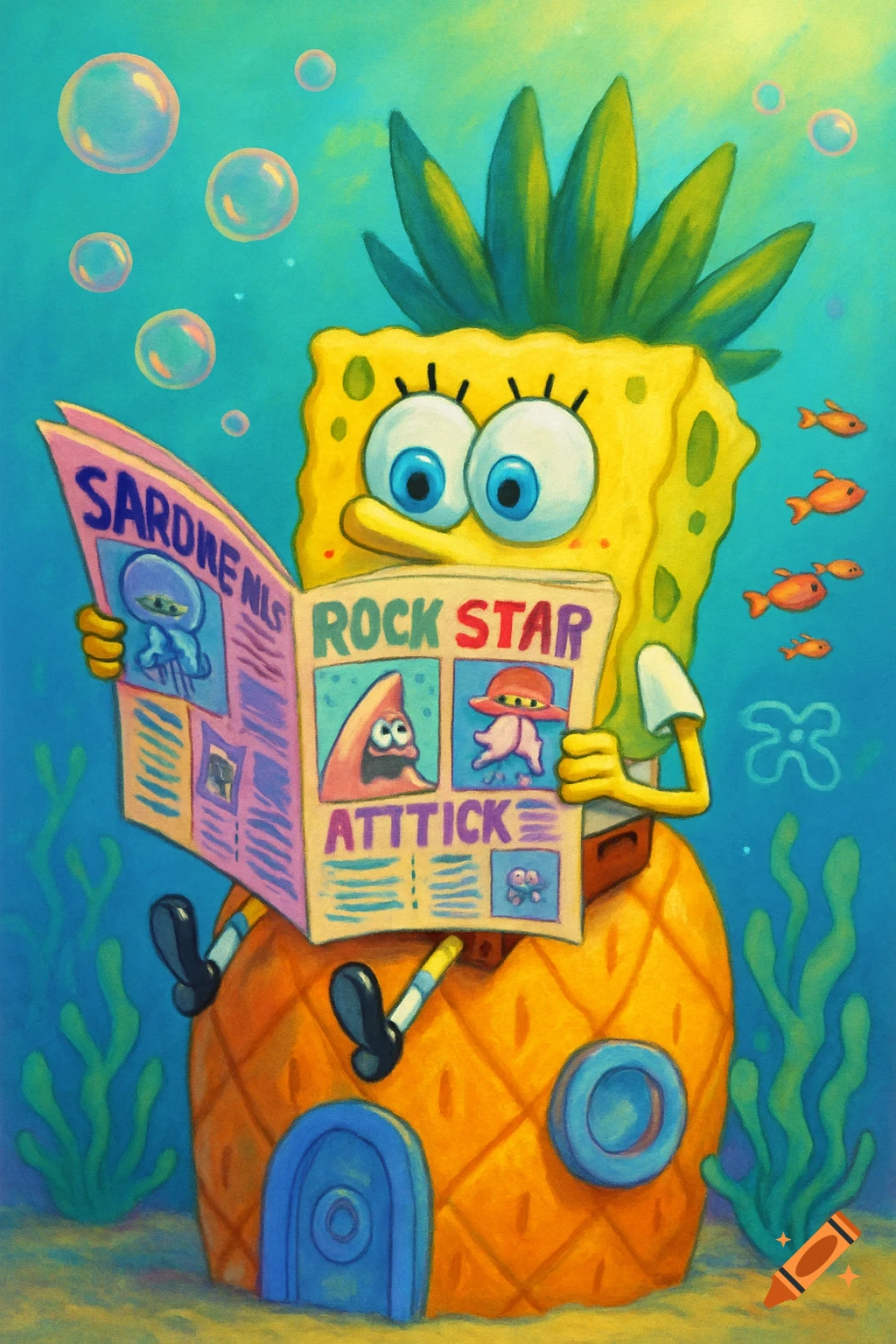 SpongeBob SquarePants sits on his pineapple house underwater, reading a newspaper, with bubbles and fish around him in a cartoon style.