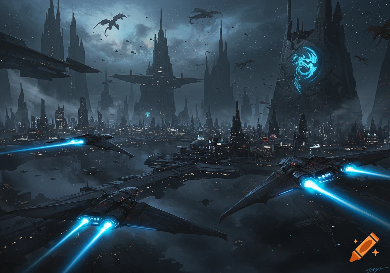 A dark, futuristic city with towering spires, flying spaceships, and dragons in a cloudy sky.