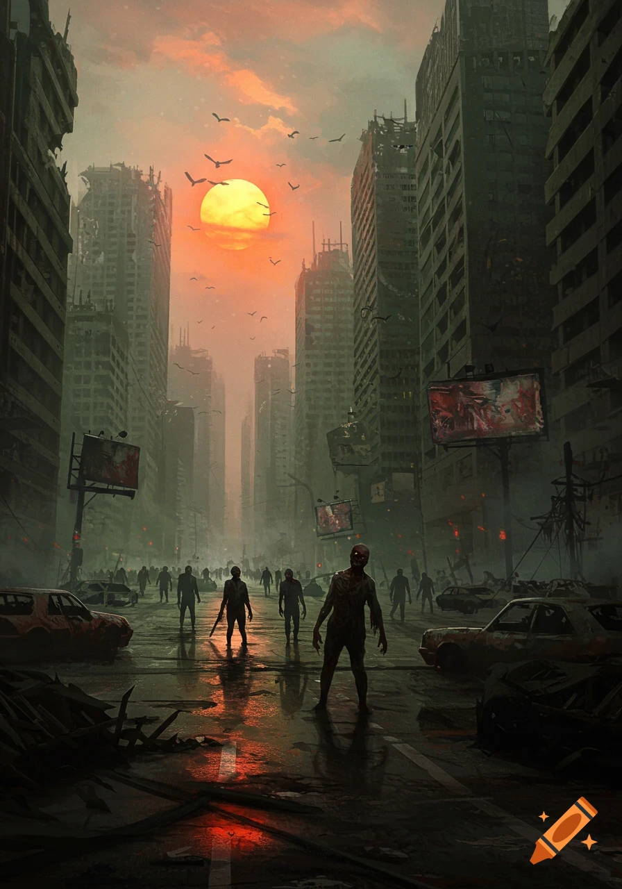 Zombies walk through a destroyed city street at sunset, under an orange sky with ruined buildings and abandoned cars.